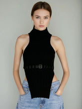 Sleeveless High Neck Irregular Knited Top Vest