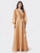 V Neck Lace Up Patchwork Bubble Sleeve Maxi Dresses