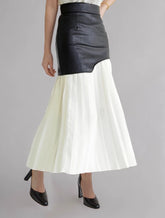 PU Leather Patchwork Pleated Midi Skirts