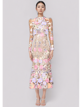 Colorful Flower Round Neck Long Sleee High Waist Maxi Dresses