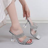 Transparent Ankle Strap Open Toe Stiletto Heel Slippers Rhinestone Outdoor Cocktail Wine Glass Heel