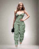 Off Shoulder Green Pockets Jumpsuits