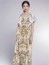 V Neck Silk Large Sleeve Maxi Dresses