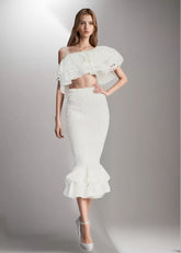 Rüschen Zweiteiler Set Schrägkragen Schulterfrei Kurze Tops Midi