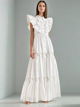 Ruffle Edge Sleeve Embroidered Flip Collar Maxi Dresses