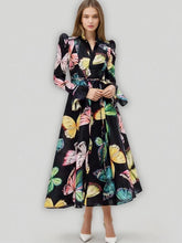 Long Sleeve Black Butterfly Prtinted Lace Maxi Dress