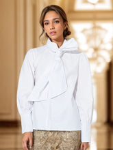 Solid Blouse Scarf Colllar Folds Casual Shirt