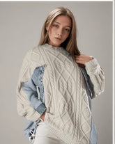 Denim Patchwork Cable Apricot Drawstring Sweater