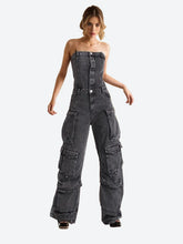 Spliced Denim Jumpsuits Strapless High Waist Pockets