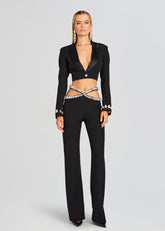 Freizeithose mit hoher Taille und Diamantbesatz