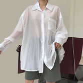 Solid Shirts For Lapel Long Sleeve Patchwork Pockets Single Breasted Minimalist Blouses