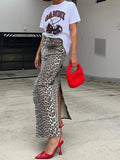 Leopard print organic cotton-blend denim skirt