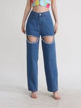 Gerade Jeans mit Kristall-Cut-Out - Dunkelblau