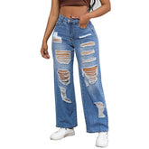 Ripped Jeans Arrival High Waist High Elastic Baggy Straight Trousers