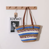 Hollow Out Cutout Straw Bag Vintage Stripe Portable Straw Bag Seaside Vacation Beach Bag Shoulder Bag
