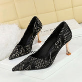 Lace Mid Heel Shoes Pointed Irregular Asymmetric Lines Stiletto Heel Professional Shoes
