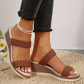 plus Size Knitted Belt Wedge Slippers Outer Wear round Head Thick Bottom Mid Heel Platform Sandals