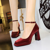 Cocktail High Heels Hochzeitsschuhe Dicker Absatz Super High Heel Wasserdichte Plateau Satin Knöchelriemen Schuhe