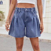 Washed Elastic Waist Baggy Denim Shorts Shorts