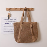 Sac à bandoulière en paille de couleur unie de grande capacité, sac de plage de vacances