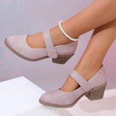 Rosa Pumps mit Blockabsatz und hohem Absatz, modische, schlichte Pumps mit Klettverschluss