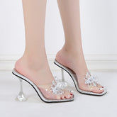 Transparente Hausschuhe mit Knöchelriemen und offener Spitze und Stilettoabsatz, Strasssteinen, für den Außenbereich, Cocktail, Weinglasabsatz