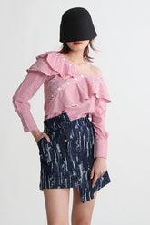 Off-Shoulder Puff-Sleeve Striped Ruffled Blouse