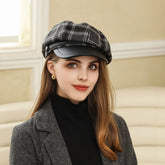 Hut Fein kariert Leder Krempe Baskenmütze Retro Gesicht zeigt wenig wild modische achteckige Kappe