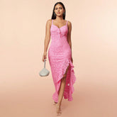 Asymmetrical Hem Spaghetti Strap Ruffle Cocktail Party Dress