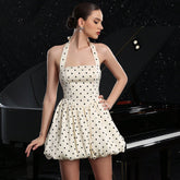 Sleeveless Hanging Neck Open Back Skirt Printed Polka Dot Fluffy Dress