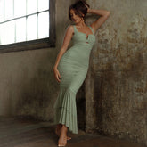 Spaghetti-strap pleated fishtail dress