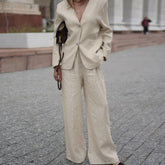 Manteau ample en coton et lin de couleur unie à col en V, pantalon taille haute à jambes larges, ensemble décontracté deux pièces