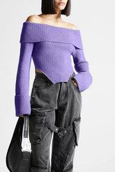 KURZER STRICKPULLOVER MIT OFFENER SCHULTER - Lila