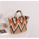 Color Matching Loose Edge Straw Bag Loose Edge Portable Color Matching Seaside Vacation Beach Bag