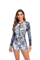 Zipper Half Sleeve Print One-Piece Swimsuit