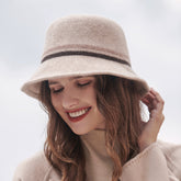 Chapeau seau en laine Casquette coréenne en feutre de laine Rayures Couleur contrastée Chapeau melon britannique chaud