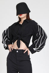 Chic Print Lapel Lantern Sleeve Blouses