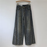 Heavy Duty Diamond Wide Leg Jeans Baggy Straight Trousers Denim Trousers