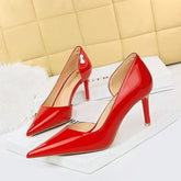 Simple Stiletto Heel Shiny Patent Leather Shallow Mouth Pointed Side Hollow Out Cutout High Heels Shoes