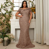 Shoulder Sequin Length Evening Cocktail Party Dress