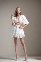 Sexy, taillenfreies, plissiertes Minikleid mit tiefem V-Ausschnitt und Laternenärmeln