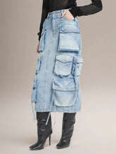 Pockets Drawstring Split Midi Cargo Denim Skirts