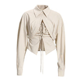 Chic Folded Collar Long Sleeve Drop Shoulder Frill Curved Hem Crop Shirt - Suit