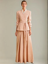 High Waist Straight Pants Belt Coat Two Piece Set