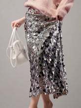 Sequin A line Straight Skirt High Waist With Silver