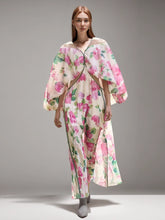 Off Shoulder Printing Bubble Sleeve Mesh Patchwork Dresses