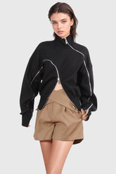 Edgy Off Shoulders Sweatshirt With Zippers - Black