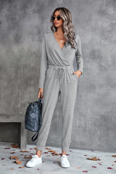 Drawstring Waist Surplice Long Sleeve Jumpsuit