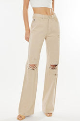 Kancan – Hoch sitzende Schlagjeans im Distressed-Look in Taupe