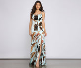 Formelles, asymmetrisches Satinkleid mit Juwelen-Print